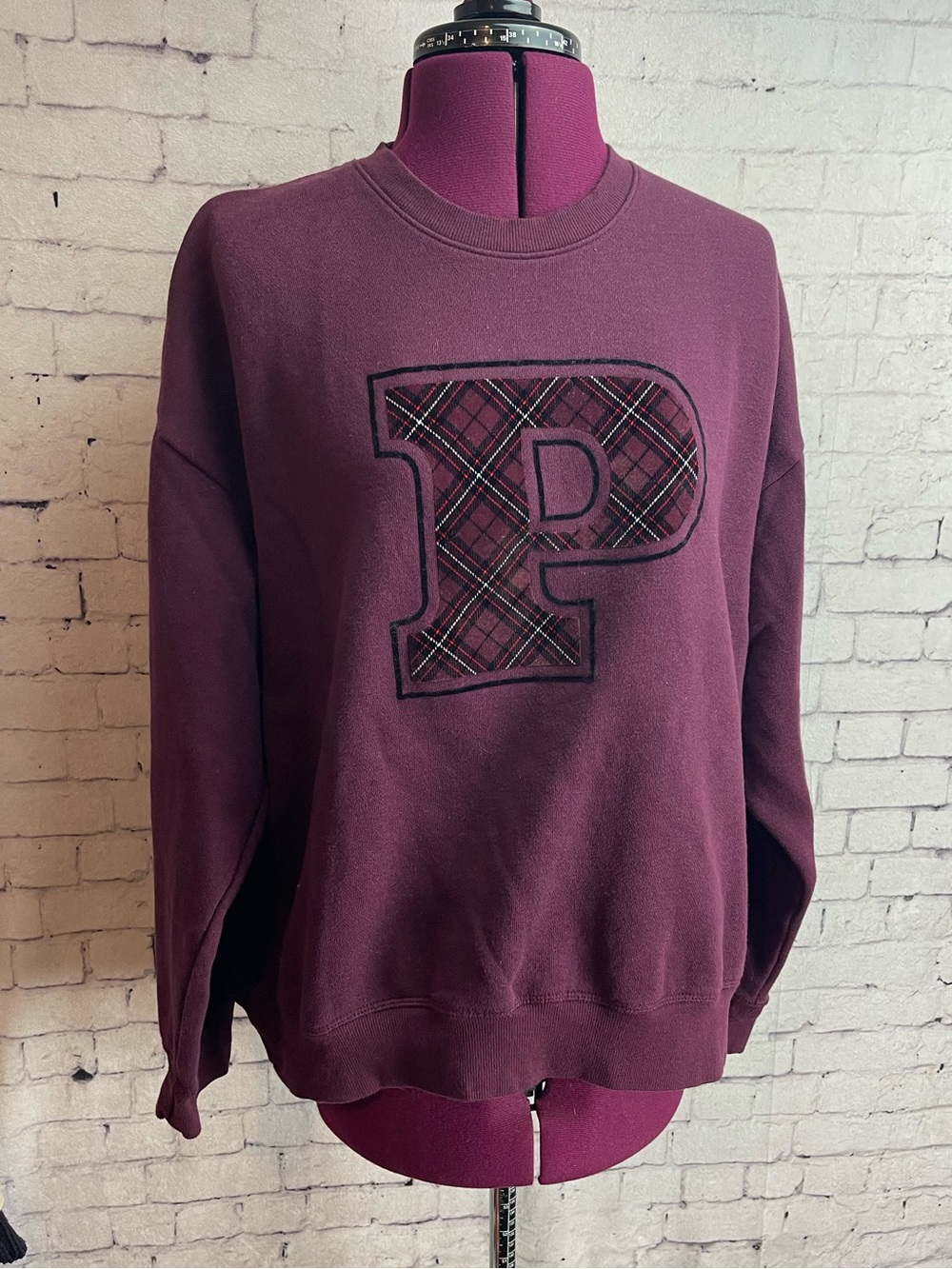 Pink by Victorias Secret size XL crew neck sweat shirt maroon with plaid “P”